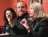 Nancy Odegaard (right), who performed the preliminary authentication, talks about the condition of "Woman-Ochre" and what will need going forward. (Photo: John de Dios/UANews) Nancy Odegaard (right), who performed the preliminary authentication, talks about the condition of "Woman-Ochre" and what it will need going forward. (Photo: John de Dios/UANews)